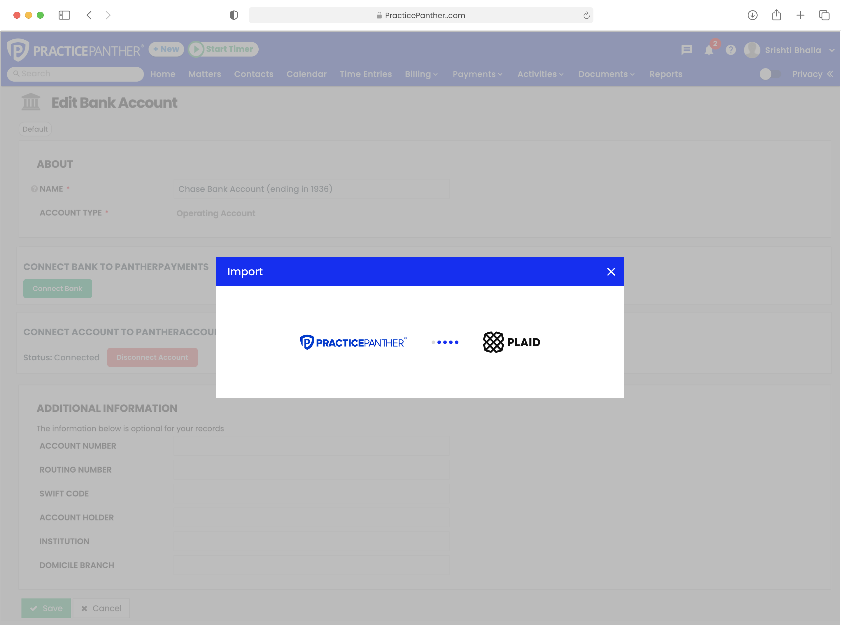 Plaid import initiation from Edit Bank Account page
