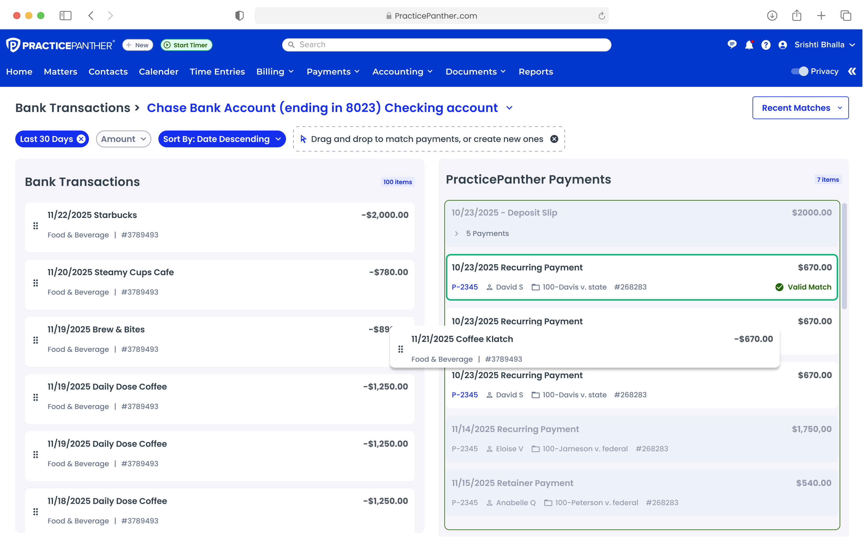 Match confirmed: bank transaction nested under PP payment