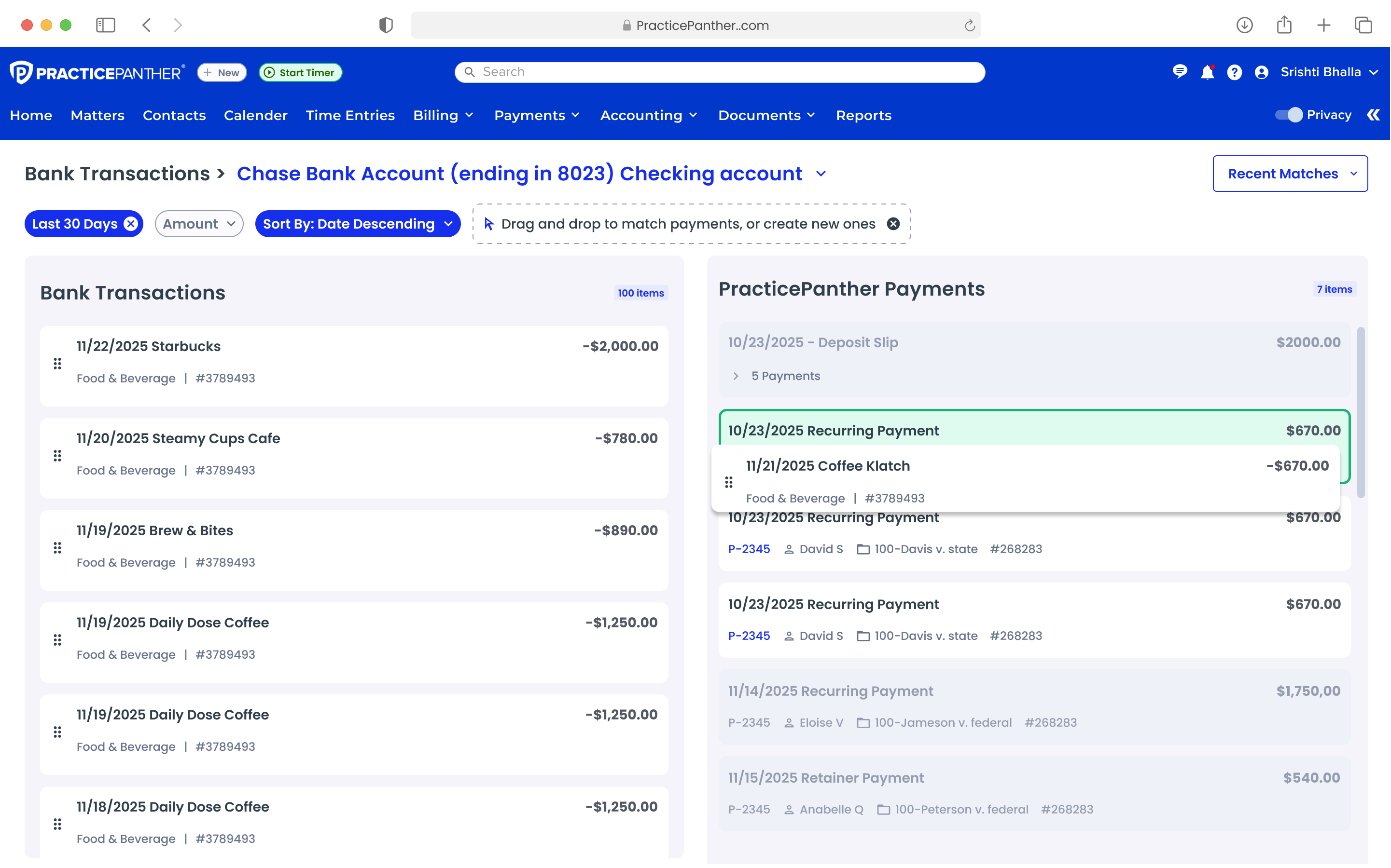 Multiple matched transactions listed in the PP payments panel