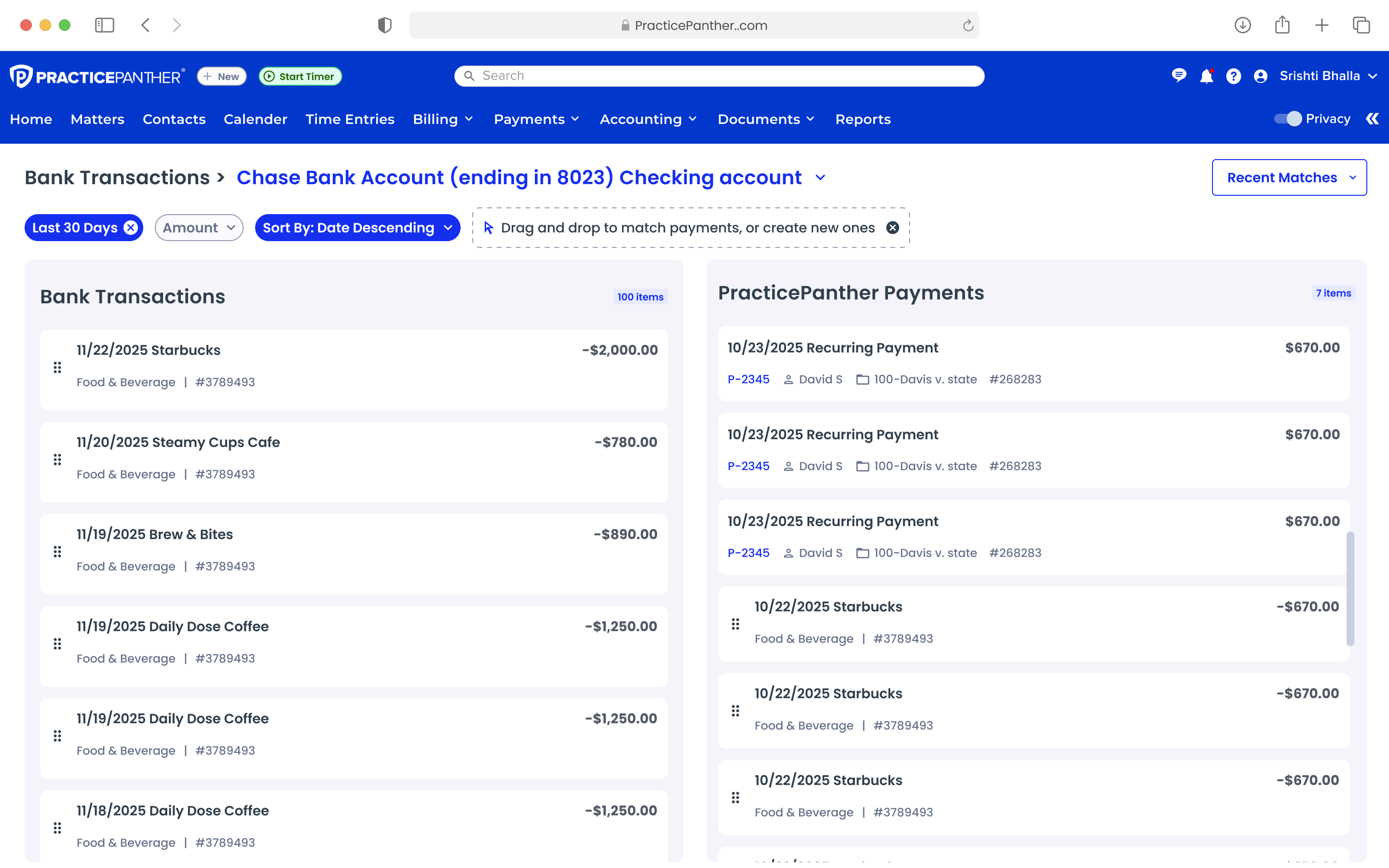 Recent Matches panel with Unmatch buttons