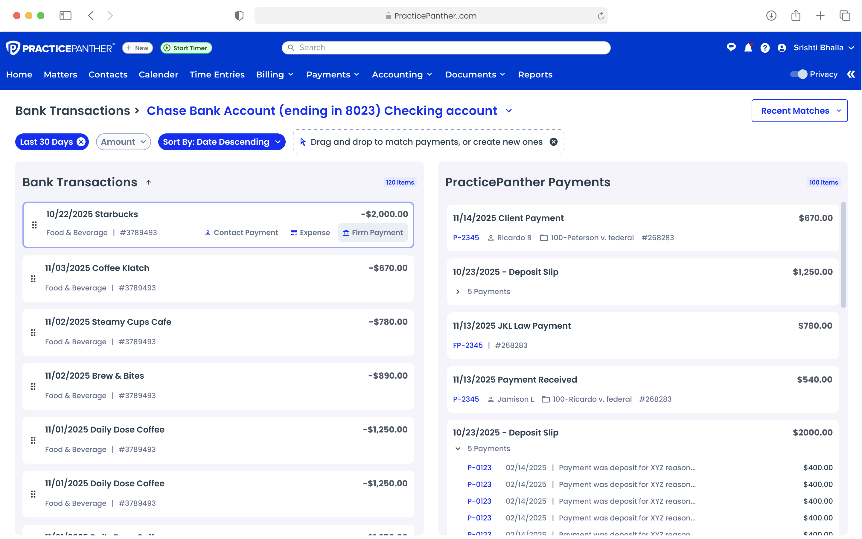 Matched transactions with detailed metadata