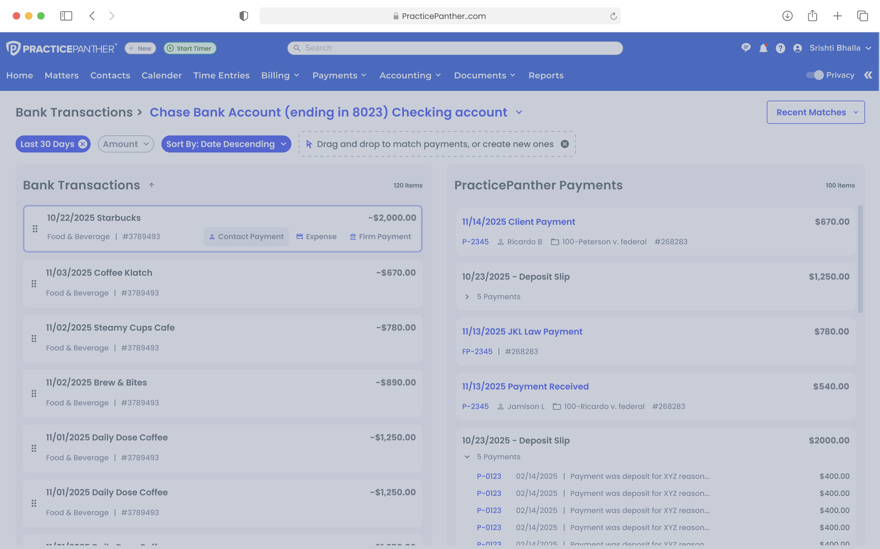 Final Solution: Split-panel reconciliation with Bank Transactions (left) and PracticePanther Payments (right)